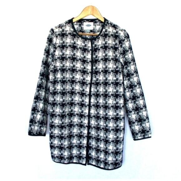 Old Navy Black & White Collarless Plaid Long Line Blazer Houndstooth Sz Medium - Picture 1 of 5